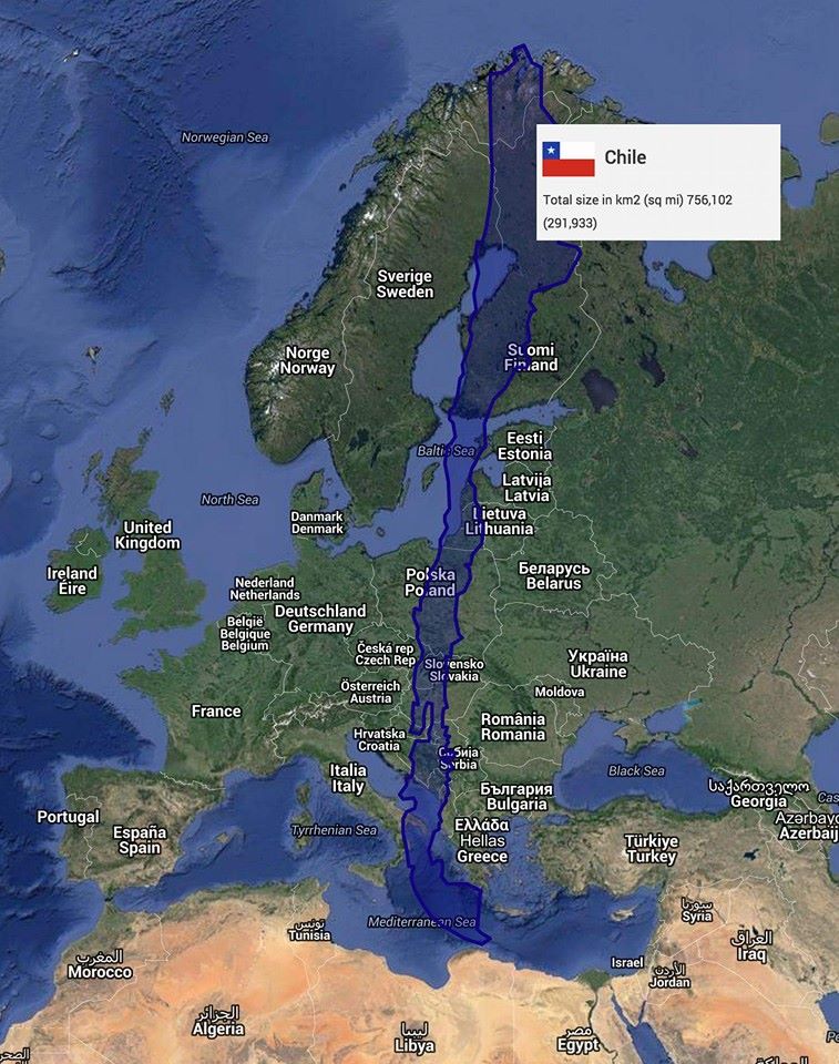 Avrupa haritası üzerine yerleştirilmiş Şili haritası ile Şili'nin ne kadar uzun bir ülke olduğu daha rahat anlaşılıyor